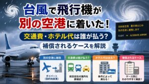 台風で飛行機が別の空港に着いた!交通費・ホテル代は誰が払う?補償されるケースを解説
